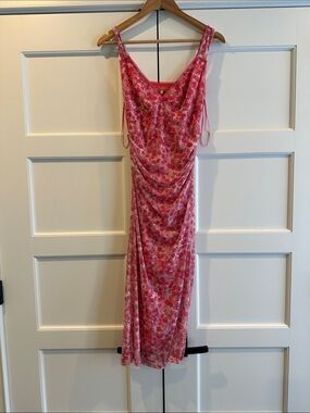 Pink Floral Midi Slip Dress with Cowl Neckline